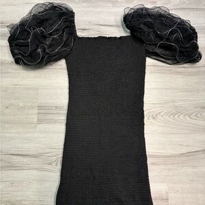 Chic Black Mini Dress with Sheer Puff Sleeves